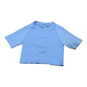 BCX Active Sweater Womens Medium Blue Ribbed Knit Short Sleeve Crop Raglan Top